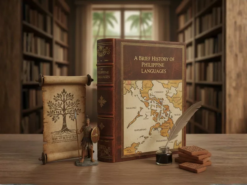 Brief History of Philippine Languages book with family tree scroll and map<br />
