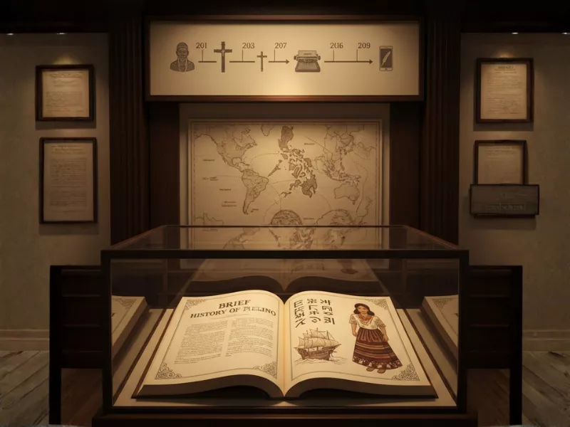 Museum display showing Brief History of Filipino book with world map and timeline<br />
