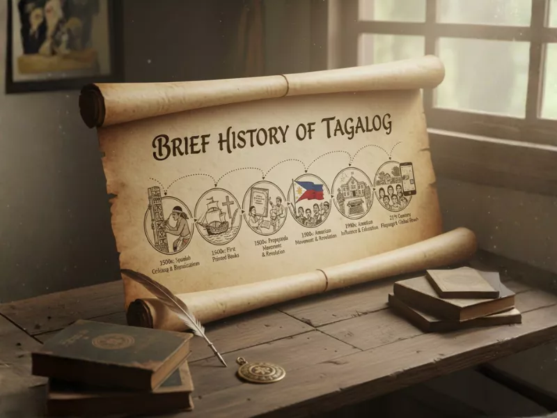 Brief History of Tagalog scroll showing language evolution timeline<br />
