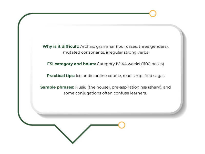 Infographic on Icelandic, one of the hardest languages to learn, with tips and phrases.<br />
