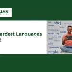 Banner showing multilingual greetings and learner highlighting hardest languages to learn globally.