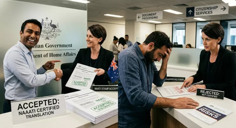 An image showing a comparison of certified translation acceptance vs uncertified rejection at Home Affairs