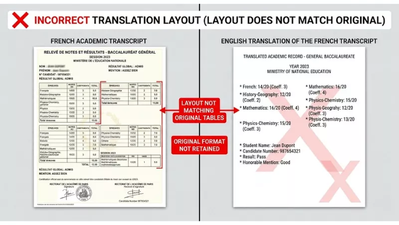 French transcript with tables next to an English translation in a list format, labeled incorrectly.