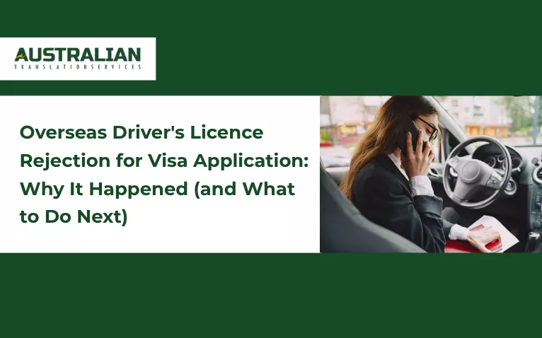 Overseas Driver's Licence Rejection for Visa Application title with a woman in a car