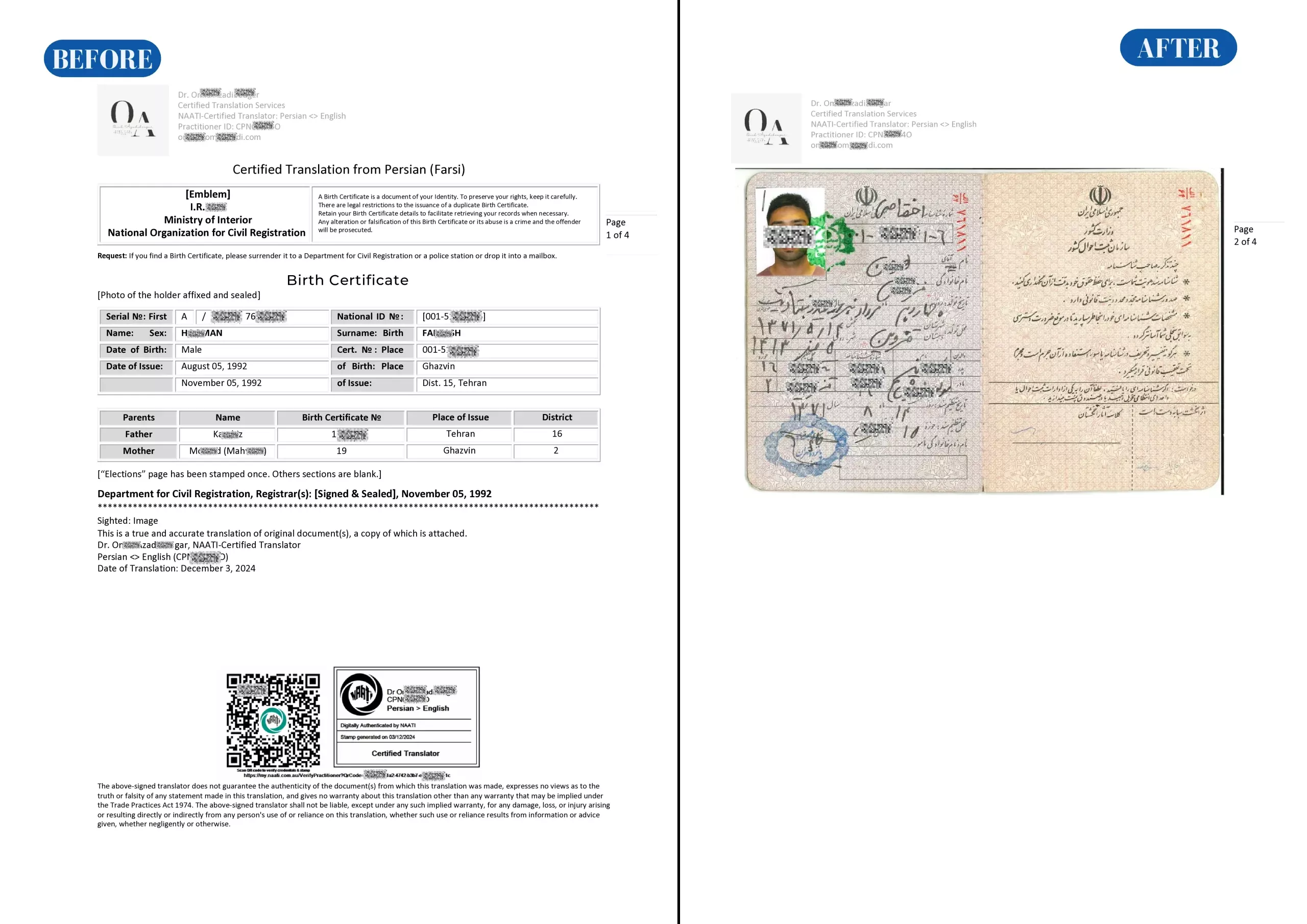 persian-english birth certificate