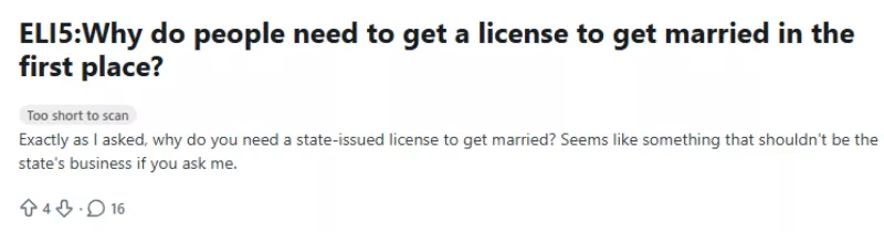 Reddit post asking why a state-issued marriage license is legally necessary<br />
