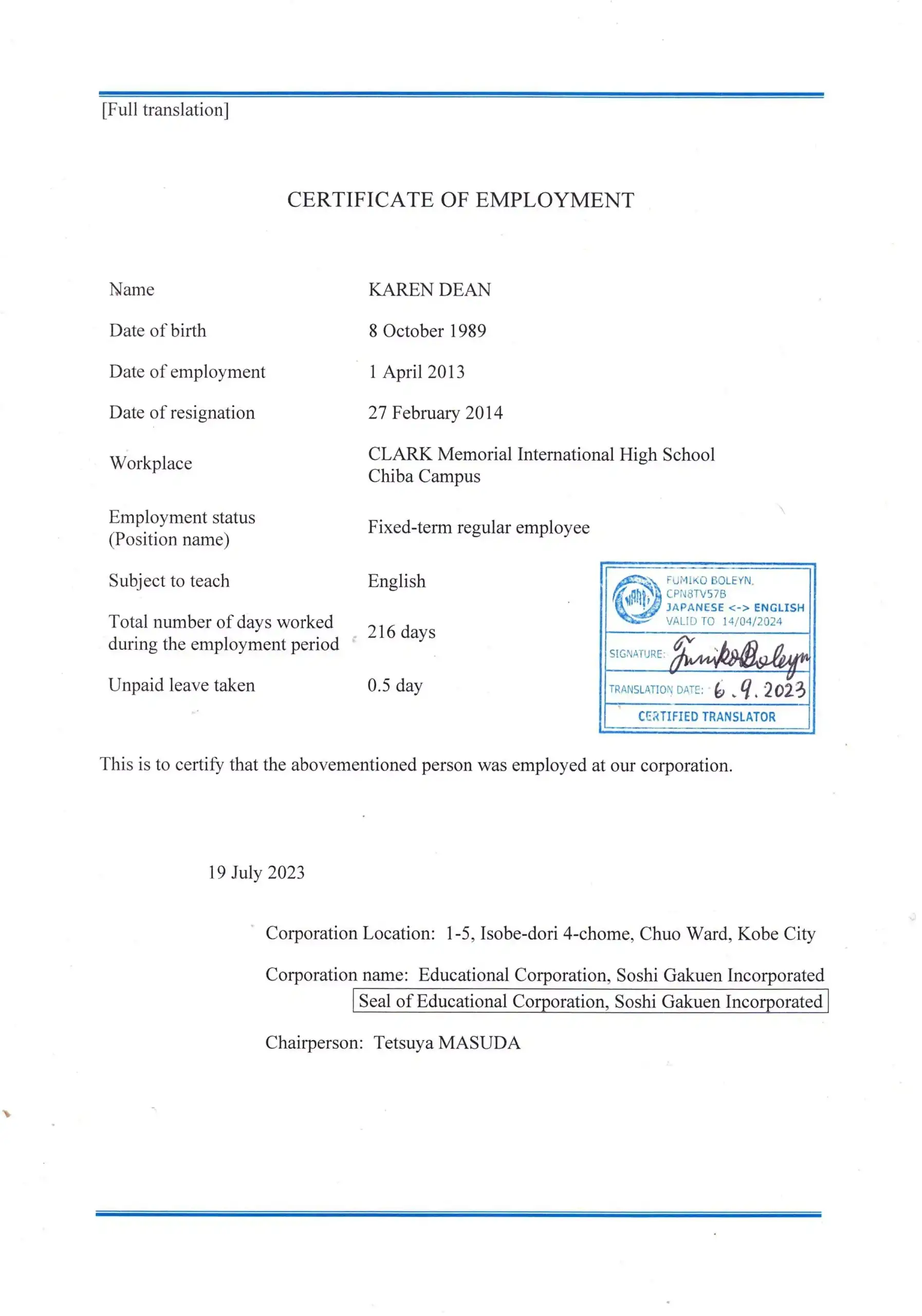 CERTIFICATE OF EMPLOYMENT