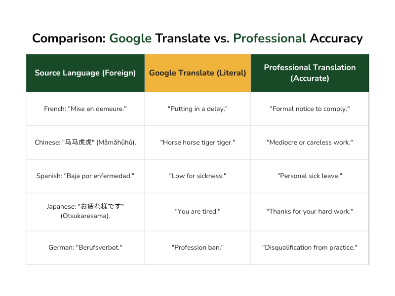 Comparison table showing literal Google Translate output versus accurate professional translation for phrases in French, Chinese, Spanish, Japanese, and German