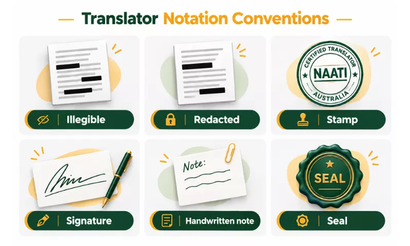 NAATI translation format and translator notation conventions guide.